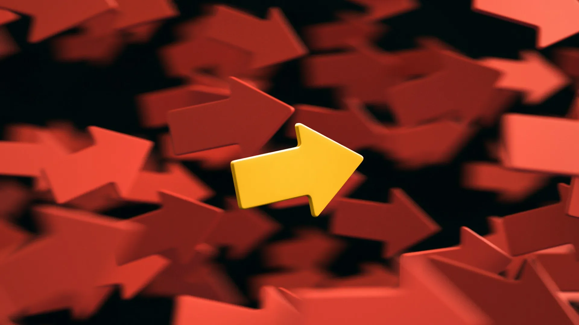 A yellow arrow in the foreground surrounded by flying red arrows.