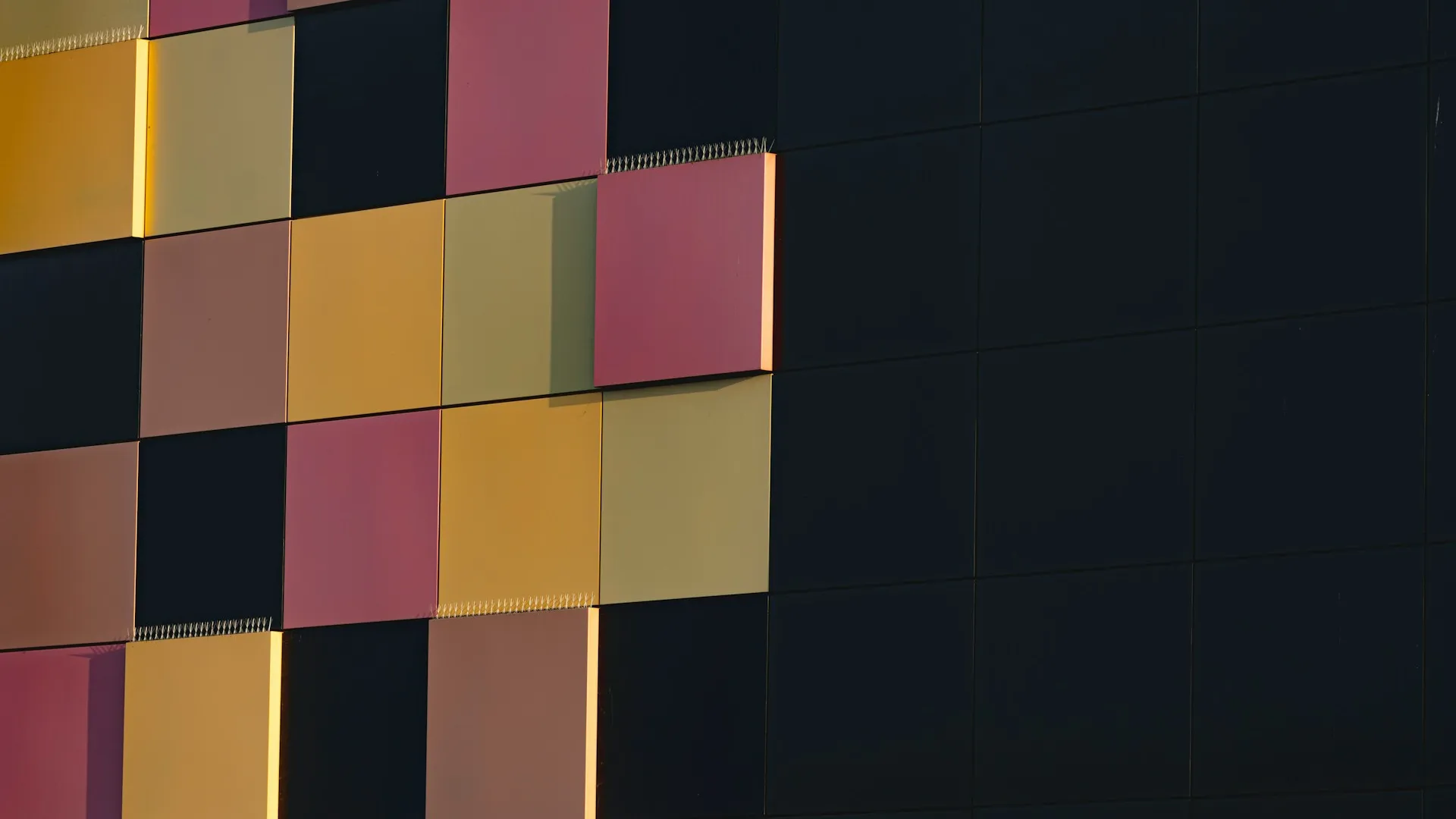 Colourful blocks laid out on a black background.