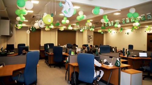 A broad view of a development hall.