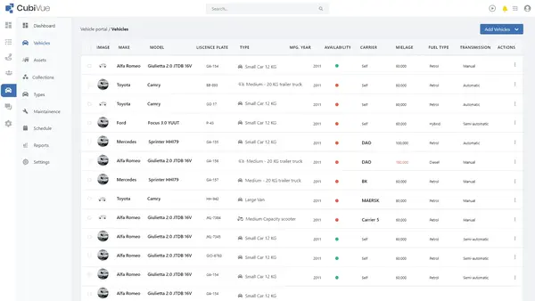 Screenshot of vehicle management system